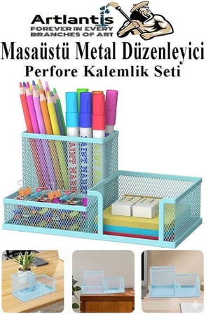 Masaüstü Metal Kalemlik Seti 3 lü Kombo 1 Paket Fileli Perfore Pastel Renkli Kalemlik Kağıtlık Küpnotluk Düzenleyici