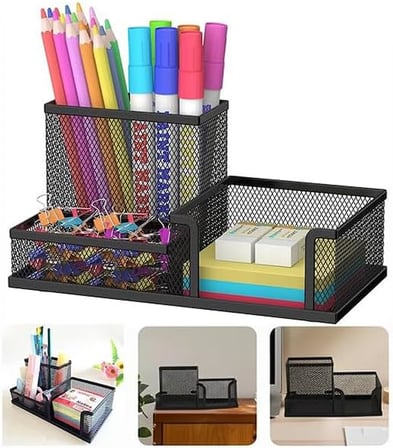Masaüstü Metal Kalemlik Seti 3 lü Kombo 1 Paket Fileli Perfore Pastel Renkli Kalemlik Kağıtlık Küpnotluk Düzenleyici