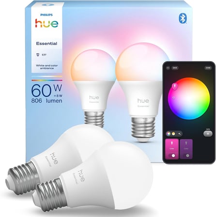 Philips Hue Essential 8W E27 806 Lumen Renkli Akıllı Ampul A60 (2'li Ekopaket) - 25.000 Saat Ampul Kullanım Ömrü