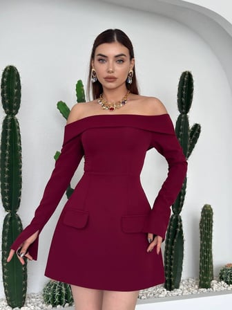 Karmen Yaka Cepli Mini Elbise - Uzun Kollu Kadın Elbise