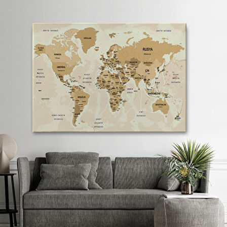 Harita Sepeti Türkçe Dünya Haritası Kanvas Tablo Ülke Başkentli ve Okyanus Detaylı Tablo 2764