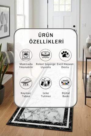 Çerçeve Mermer Yıkanabilir Yolluk Halı Kaymaz Taban Salon Mutfak Açık Gri