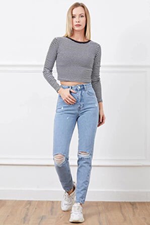 Yüksek bel yırtmaçlı mom jean pantolon