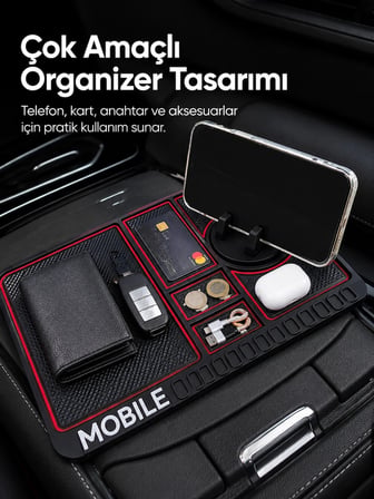 Araç İçi Kaydırmaz Organizer Mat Telefon Standlı Çok Amaçlı Konsol Düzenleyici