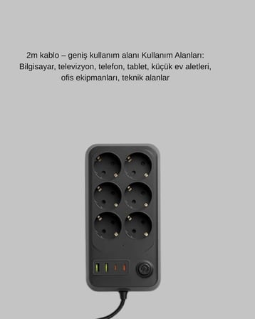6 Prizli Çoklu Uzatma Kablosu Usb Type-c Hızlı Şarj Termal Koruma
