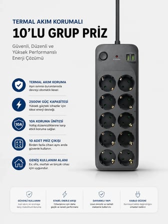 Termal Akım Korumalı Usb Type-c Girişli 10'lu Grup Priz 2500w Güç Kapasitesi (kopya)