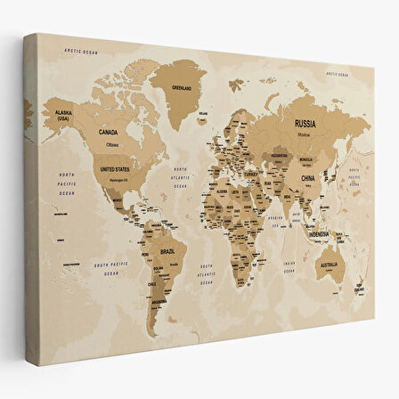 Harita Sepeti Dünya Haritası Kanvas Tablo Ülke Başkentli ve Okyanus Detaylı Tablo 2765