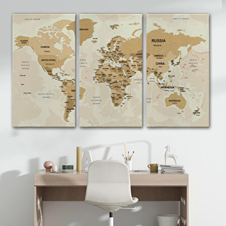 Harita Sepeti Dünya Haritası Kanvas Tablo Ülke Başkentli ve Okyanus Detaylı Tablo 2765