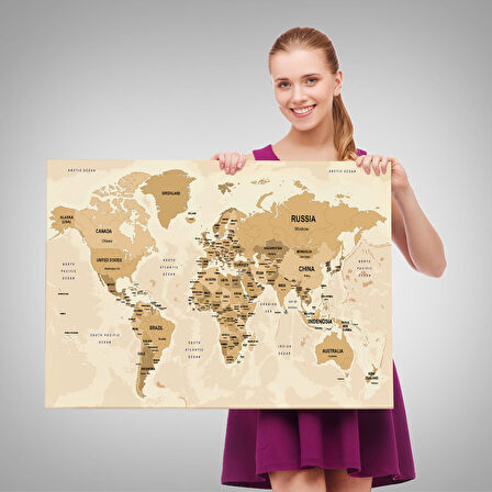 Harita Sepeti Dünya Haritası Kanvas Tablo Ülke Başkentli ve Okyanus Detaylı Tablo 2765