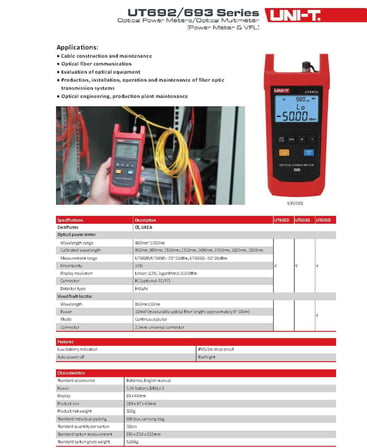 Uni-trend Fiber Optic Tool Optical Power Meter Visual Fault Locator UT692D UT693D -70-10dBm -50-26dBm 10mW FC/SC/ST Connector UT692G Optical Multimeter (Power Meter &amp; VFL)(UT-692G)