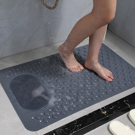 Antrasit Gri Kaymaz Banyo Paspası - 35x69 cm Vantuzlu Duş Matı, Ayak Masajlı ve Temizleme Dokulu, Antibakteriyel ve Tahliye Delikli Küvet İçi Paspas