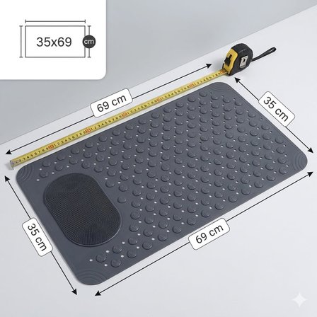 Antrasit Gri Kaymaz Banyo Paspası - 35x69 cm Vantuzlu Duş Matı, Ayak Masajlı ve Temizleme Dokulu, Antibakteriyel ve Tahliye Delikli Küvet İçi Paspas