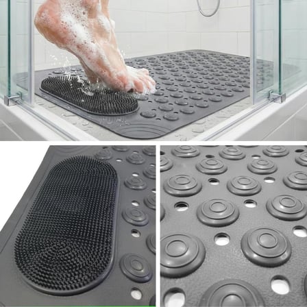 Antrasit Gri Kaymaz Banyo Paspası - 35x69 cm Vantuzlu Duş Matı, Ayak Masajlı ve Temizleme Dokulu, Antibakteriyel ve Tahliye Delikli Küvet İçi Paspas
