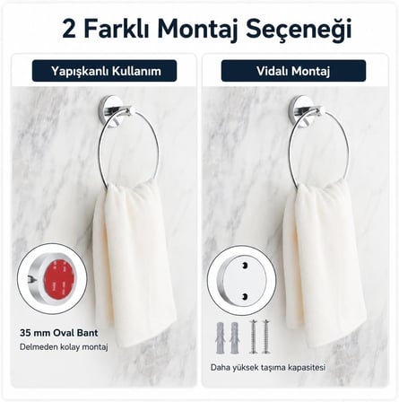 Alper Banyo İris Krom Kaplama Halka Havluluk, Yapışkanlı ve Vidalı Montajlı Banyo Havlu Askısı, 35 mm Oval Bantlı, Parlak Yüzey
