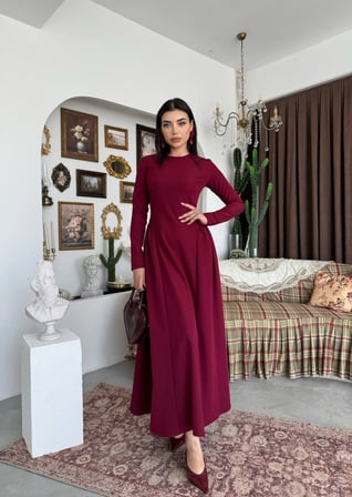 Belden Büzgülü Düz Yaka Elbise - Uzun Kollu Kadın Elbise