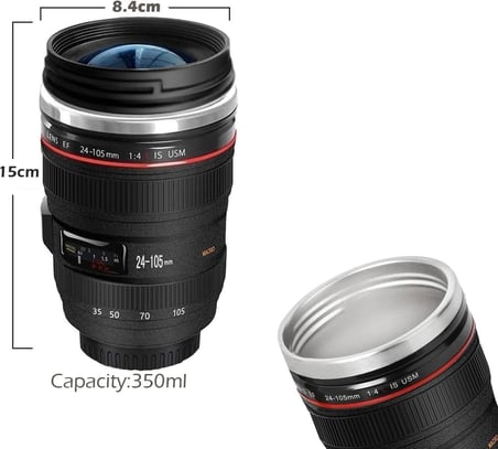Objektif Kupa Lens Kupa Kahve Ve Çay İçin Termos Kupa Fotoğraf Tutkunları İçin Dekoratif Hediyelik 350 ml (Cam Kapak)