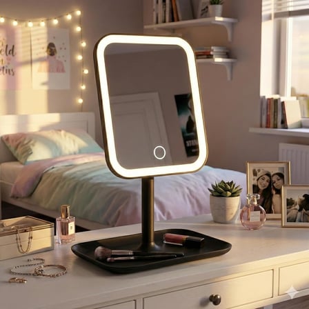 LED Işıklı Masaüstü Makyaj Aynası - Dokunmatik Sensörlü, Parlaklık Ayarlı ve Organizer Tabanlı Taşınabilir Kozmetik Aynası - USB Bağlantılı Profesyonel Bakım ve Makyaj Standı