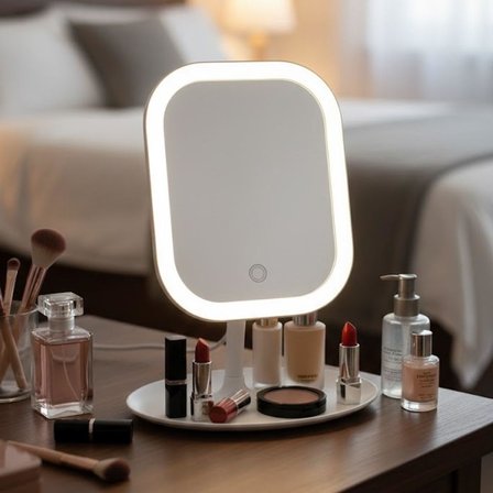 LED Işıklı Masaüstü Makyaj Aynası - Dokunmatik Sensörlü, Parlaklık Ayarlı ve Organizer Tabanlı Taşınabilir Kozmetik Aynası - USB Bağlantılı Profesyonel Bakım ve Makyaj Standı