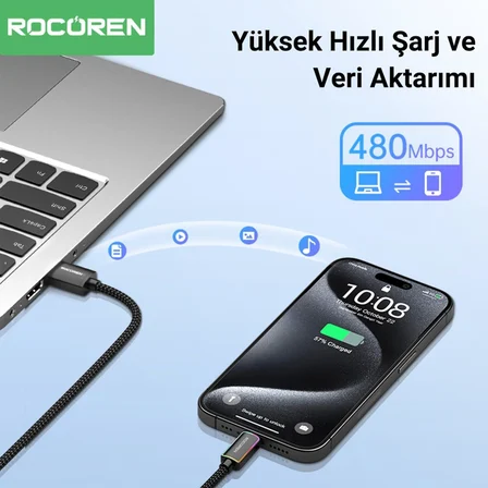Type-C to USB-A RGB Aydınlatmalı 3A Hızlı Şarj ve Data Kablosu 2 Metre