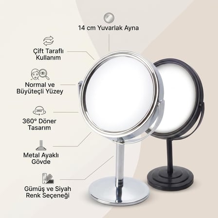 Deconox Ayaklı Çift Taraflı Makyaj Aynası, Normal ve Büyüteçli Yüzey, 360° Döner Metal Masa Üstü Bakım ve Tıraş Aynası, 14 cm
