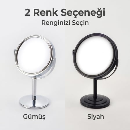 Deconox Ayaklı Çift Taraflı Makyaj Aynası, Normal ve Büyüteçli Yüzey, 360° Döner Metal Masa Üstü Bakım ve Tıraş Aynası, 14 cm