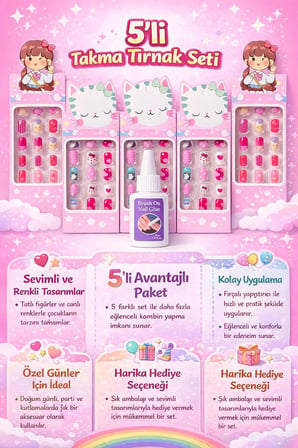 5’li Çocuk Takma Tırnak Seti, Renkli ve Desenli Kız Çocuk Takma Tırnakları, Sevimli Tasarımlı Nail Art Seti, Çocuklar İçin Eğlenceli Tırnak Aksesuarı