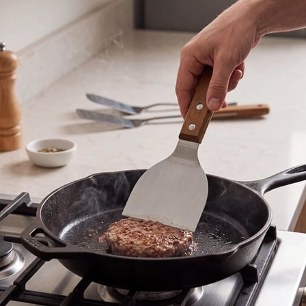 MallArt® Ahşap Saplı Paslanmaz Çelik Spatula – 24cm Eğilimli Çok Amaçlı Mutfak Spatulası | Izgara, Burger, Sebze, Temizlik için Profesyonel Metal Spatula