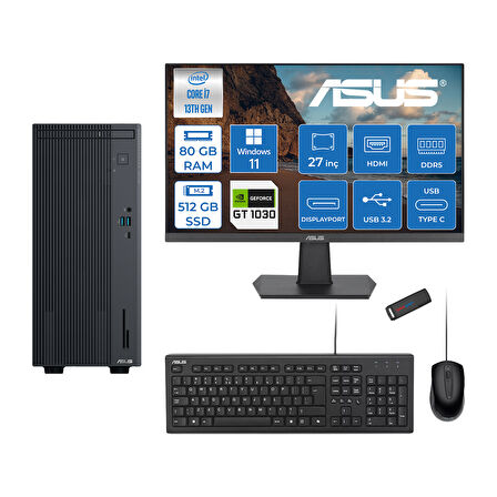 Asus Expertcenter P500MV Intel Core I7-13620H 80GB Ddr5 512GB SSD WIN11HOME 4GB/GT1030 100HZ IPS 27" Mon Minitower Masaüstübilgisayar WJ7136216512B0DH27+ZETTAUSBBELLEK
