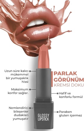 Uzun Süre Kalıcı Yoğun Renk Veren Nemlendirici Parlak Ruj - Glossy Lipstick 304 Nude Apricot