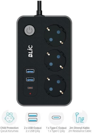 Akım Korumalı Priz, 3x Priz Soketi, 2x Usb Girişi, 1x Type-C Girişi, Tasarruflu Uzatma Kablosu, Çocuk Korumalı Adaptör (2 Metre)