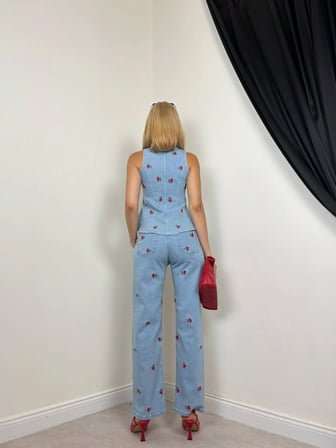 Kiraz Nakışlı Denim Peplum Üst & Pantolon Takım