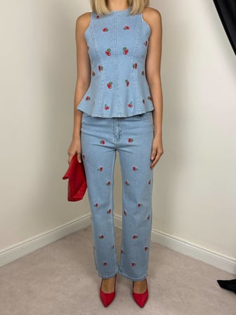 Kiraz Nakışlı Denim Peplum Üst & Pantolon Takım