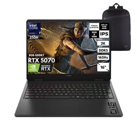 HP Omen 16-AM0005NT Ultra 7-255H 32-GBDDR5 2 TBSSD RTX5070 (8GB-GDDR7) 16" 2K  WUXGA Windows 11 Pro + QB Sırt Çantası BQ1Y6EAQB17
