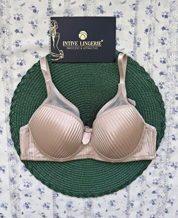 Evelyn Parlak Saten Çizgi Detaylı C cup Balenli Desteksiz Önü Tül Detaylı Şık Sütyen