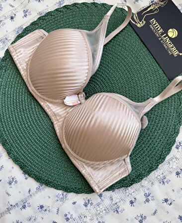 Evelyn Parlak Saten Çizgi Detaylı C cup Balenli Desteksiz Önü Tül Detaylı Şık Sütyen