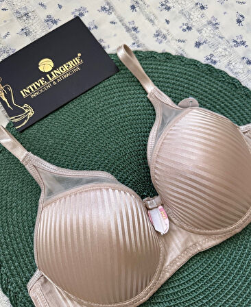 Evelyn Parlak Saten Çizgi Detaylı C cup Balenli Desteksiz Önü Tül Detaylı Şık Sütyen