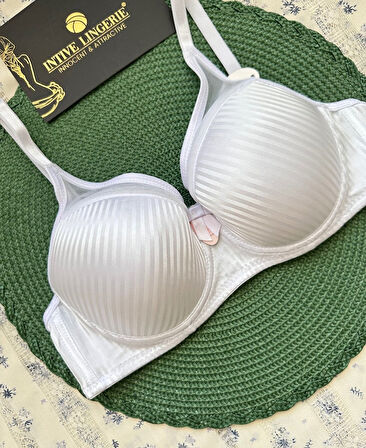 Evelyn Parlak Saten Çizgi Detaylı C cup Balenli Desteksiz Önü Tül Detaylı Şık Sütyen