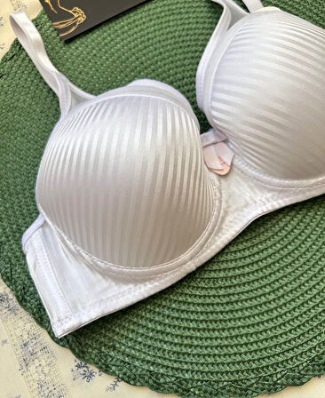 Evelyn Parlak Saten Çizgi Detaylı C cup Balenli Desteksiz Önü Tül Detaylı Şık Sütyen