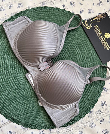 Evelyn Parlak Saten Çizgi Detaylı C cup Balenli Desteksiz Önü Tül Detaylı Şık Sütyen