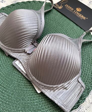 Evelyn Parlak Saten Çizgi Detaylı C cup Balenli Desteksiz Önü Tül Detaylı Şık Sütyen