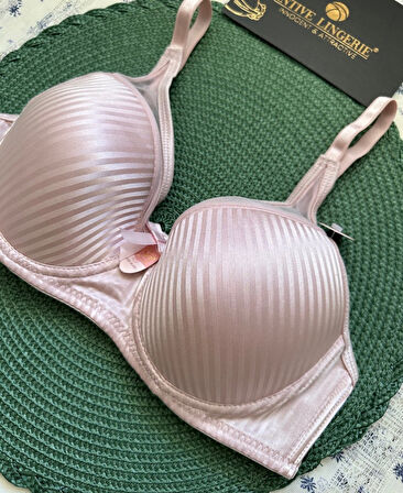 Evelyn Parlak Saten Çizgi Detaylı C cup Balenli Desteksiz Önü Tül Detaylı Şık Sütyen