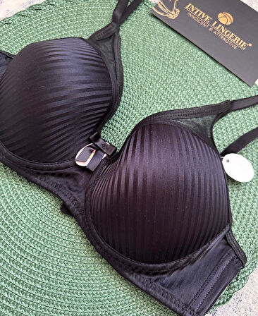 Evelyn Parlak Saten Çizgi Detaylı C cup Balenli Desteksiz Önü Tül Detaylı Şık Sütyen