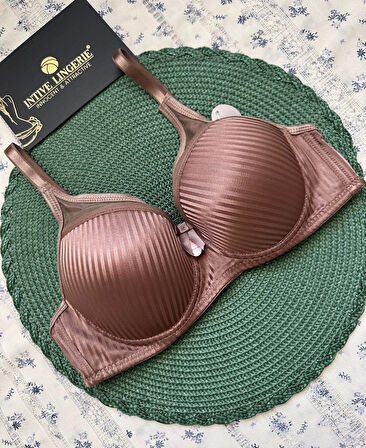 Evelyn Parlak Saten Çizgi Detaylı C cup Balenli Desteksiz Önü Tül Detaylı Şık Sütyen