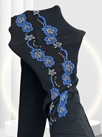 Ange 70 Den Siyah Mavi Çiçek Nakışlı Şık Külotlu Çorap