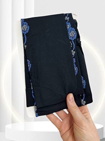 Ange 70 Den Siyah Mavi Çiçek Nakışlı Şık Külotlu Çorap