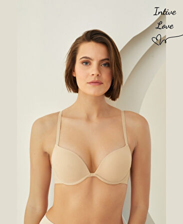 NBB Double Push-up V Yaka Balenli İnce Askılı Günlük Kullanım Sütyen- Ten, Beyaz