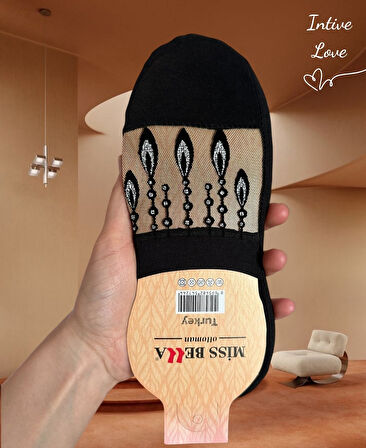 Zeyna Önü Transparan Gold/Gümüş İşlemeli Burnu Kapalı Feminen Şık Babet Çorabı