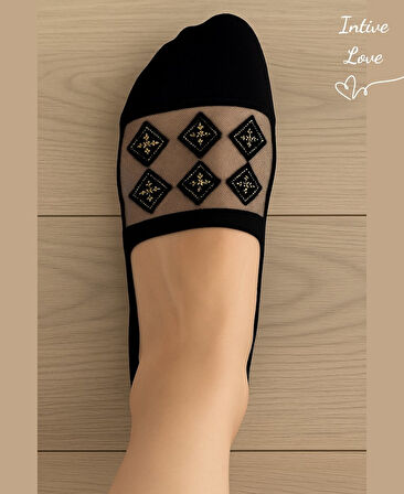 Zeyna Önü Transparan Gold/Gümüş İşlemeli Burnu Kapalı Feminen Şık Babet Çorabı