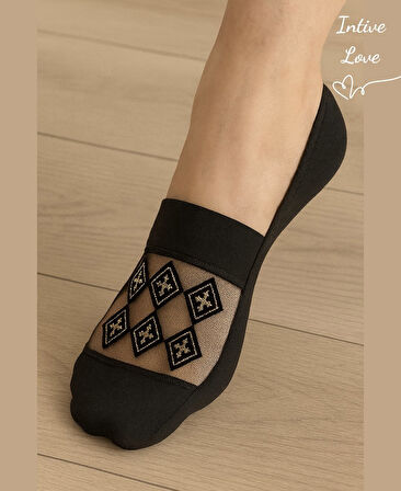 Zeyna Önü Transparan Gold/Gümüş İşlemeli Burnu Kapalı Feminen Şık Babet Çorabı