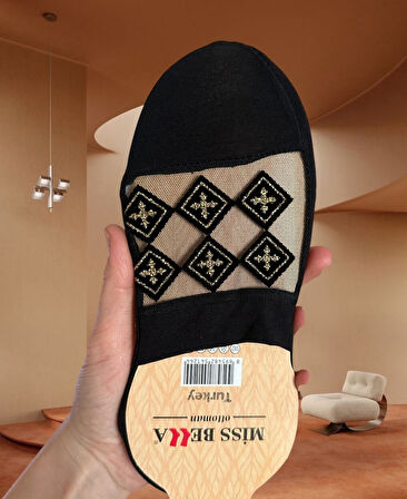 Zeyna Önü Transparan Gold/Gümüş İşlemeli Burnu Kapalı Feminen Şık Babet Çorabı